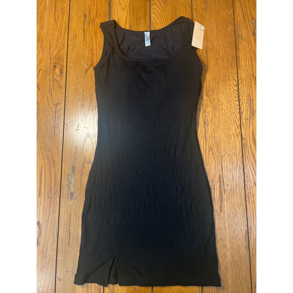 Popilush Black Ribbed Built-In Shapewear Dress Square Neck Sleeveless Large NWT